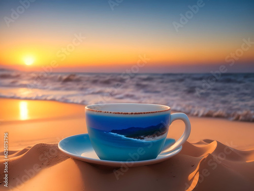 coffee cup on sand beach over blurred sunset sky, AI Generated. 