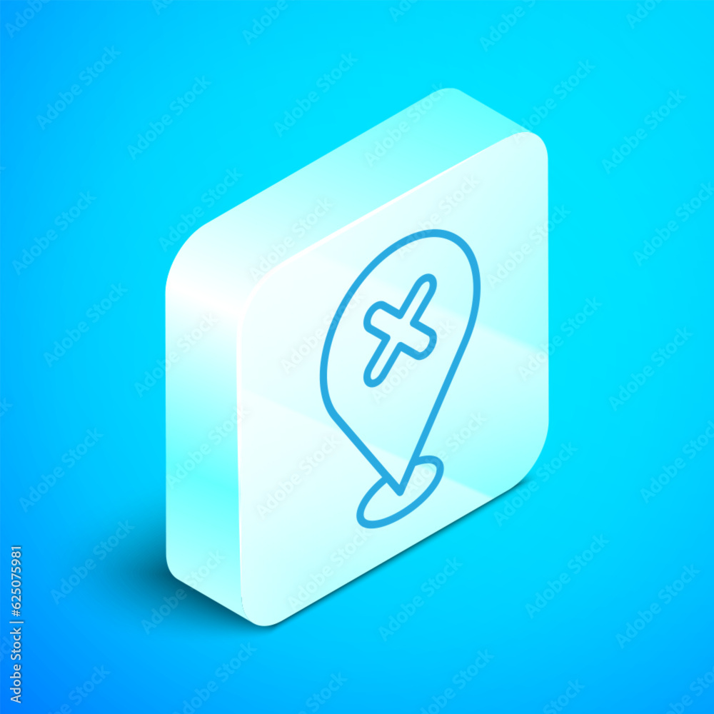 Isometric line Map pin with cross mark icon isolated on blue background. Navigation, pointer, location, map, gps, direction, place, compass, search concept. Silver square button. Vector Isometric line Map pin with cross mark icon isolated on blue background. Navigation, pointer, location, map, gps, direction, place, compass, search concept. Silver square button. Vector