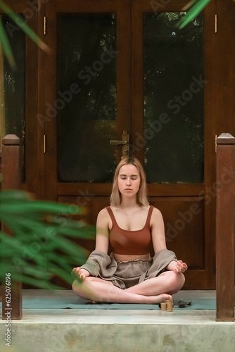 yoga,pranayama,breathing practice.caucasian woman Meditate,yoga nature,Meditative practice relaxation,retreat,psychedelic journey.Mental health,Mycological refuge, © shintartanya