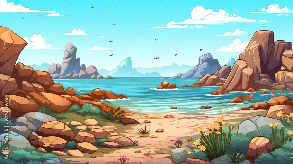 Background seashore with arid plants. Designing of a banner featuring an illustration of a seashore adorned with beautiful arid plants and rocks. Generative AI. Background seashore with arid plants. Designing of a banner featuring an illustration of a seashore adorned with beautiful arid plants and rocks. Generative AI.
