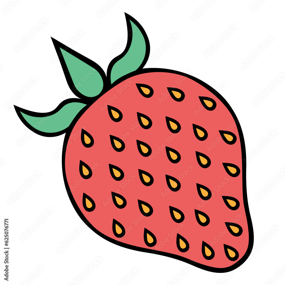 Strawberry. Sweet red fruit with a green stem. A ripe berry with small yellow seeds lies on its side. Color vector illustration. Cartoon style. Isolated background. Idea for web design, menu. Strawberry. Sweet red fruit with a green stem. A ripe berry with small yellow seeds lies on its side. Color vector illustration. Cartoon style. Isolated background. Idea for web design, menu.