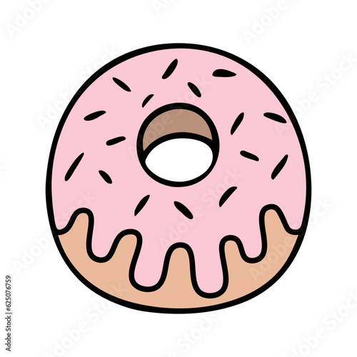 Donut. Side view. The fried delicacy is covered with pink icing and sprinkled with sprinkles. Color vector illustration. Lush dessert. Cartoon style. Isolated background. Idea for web design, menus