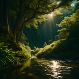 river in the woods and beautiful nature, background wallpaper generative in ai