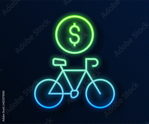 Glowing neon line Bicycle rental mobile app icon isolated on blue background. Smart service for rent bicycles in the city. Mobile app for sharing system. Vector