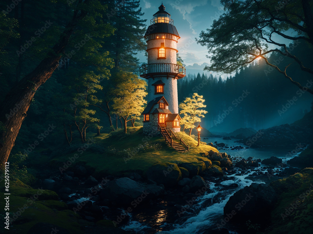 A lighthouse with a wooden cabin - AI Generative