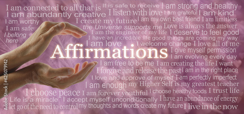 Spiritual Self Healing Affirmations Wall Art Words - pink feathers and hearts background filled with  many affirmations based on the spiritual I AM concept ideal for a energy healers therapy room wall
