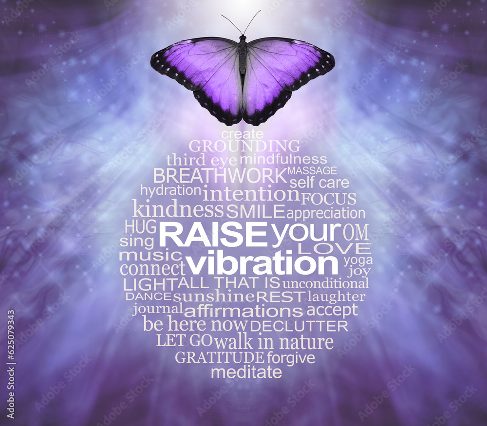Spiritual healing words and butterfly wall art to raise your vibration - flowing blue sparkle spiritual background with a mauve  butterfly above a perfect circular word cloud relevant to spirituality  - obrazy, fototapety, plakaty 