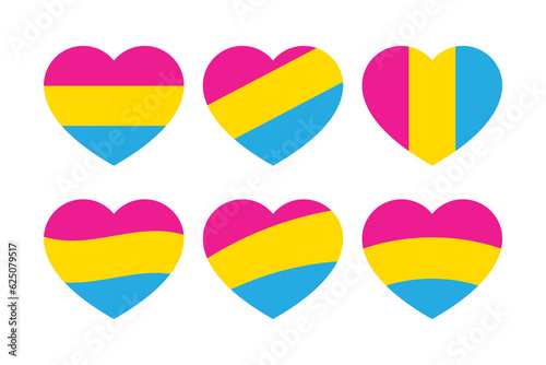 Pink, yellow, and blue colored heart icons, as the colors of the pansexual flag. LGBTQI concept. Flat vector illustration.	