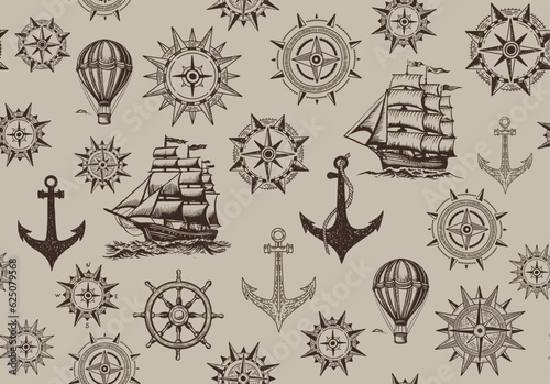 Vintage sailing yachts, anchor, wind rose, ship steering wheel, vector.