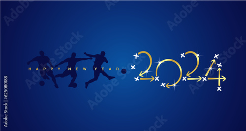 Happy New Year 2024 Soccer competition strategy plan golden arrows blue board background