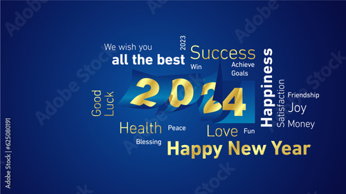 Happy New Year 2024 golden white word cloud text with 2024 calendar pages blue background vector