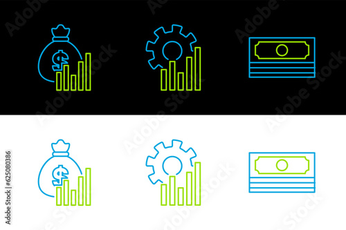 Set line Stacks paper money cash, Money bag and diagram graph and Pie chart infographic icon. Vector