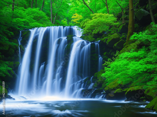 A lush jungle with a vibrant waterfall - AI Generative