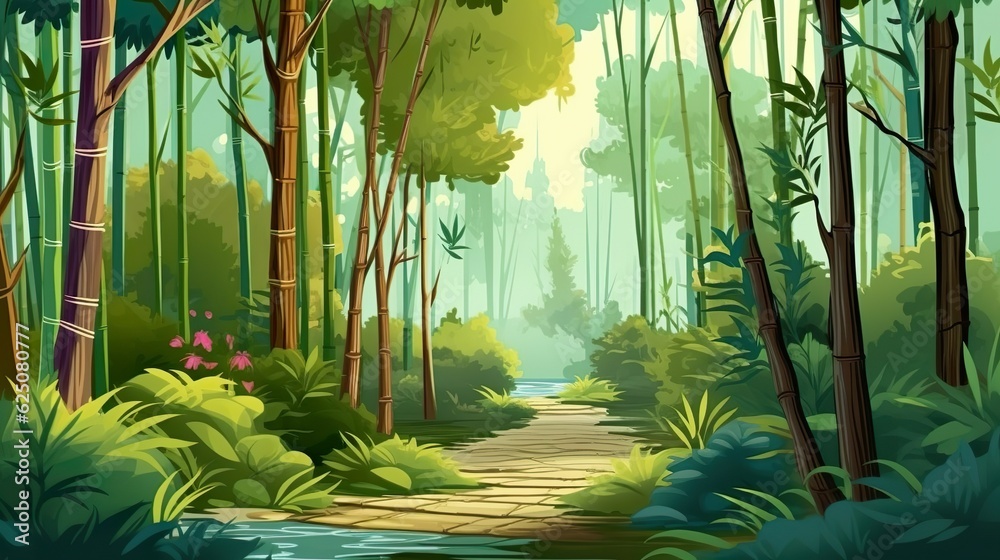 Fototapeta premium Abstract background bamboo forest. A captivating banner design with an illustrative depiction of a serene bamboo forest against a natural background. Generative AI.