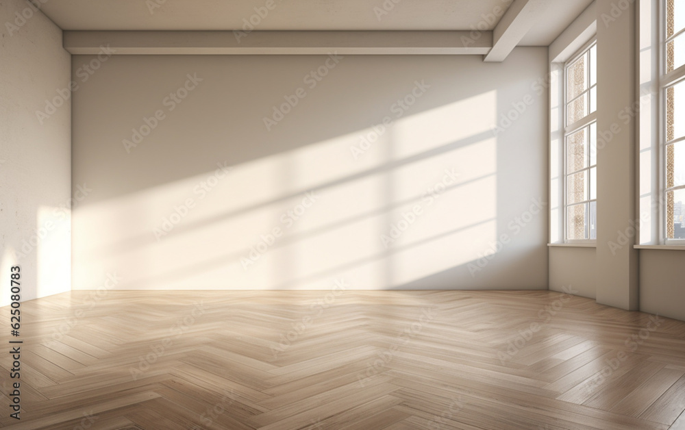 Empty minimal room interior design with fishbone flooring Empty minimal room interior design with fishbone flooring