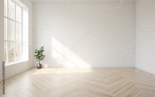 Empty minimal room interior design with fishbone flooring