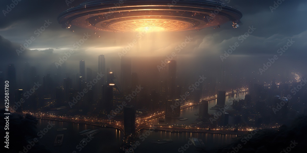 AI Generated. AI Generative. Alien spaceship mothership ufo galaxy invasion. Dark night ligh city town landscape. Future fantasy reality vibe