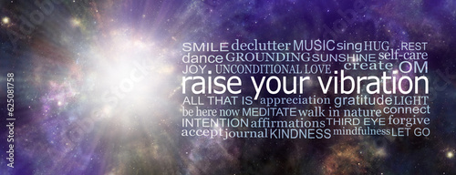 Healing Words to Inspire You and Raise Your Vibration Cosmic Light Wall Art - Deep Space and Star Light background beside a  word cloud relevant to spirituality and raising your vibration
