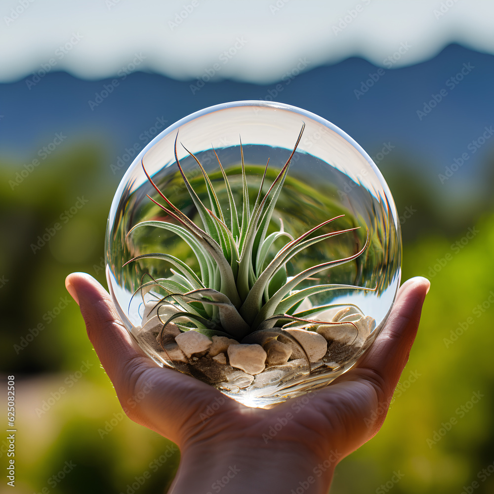 A hand holding a glass sphere with catus plants inside