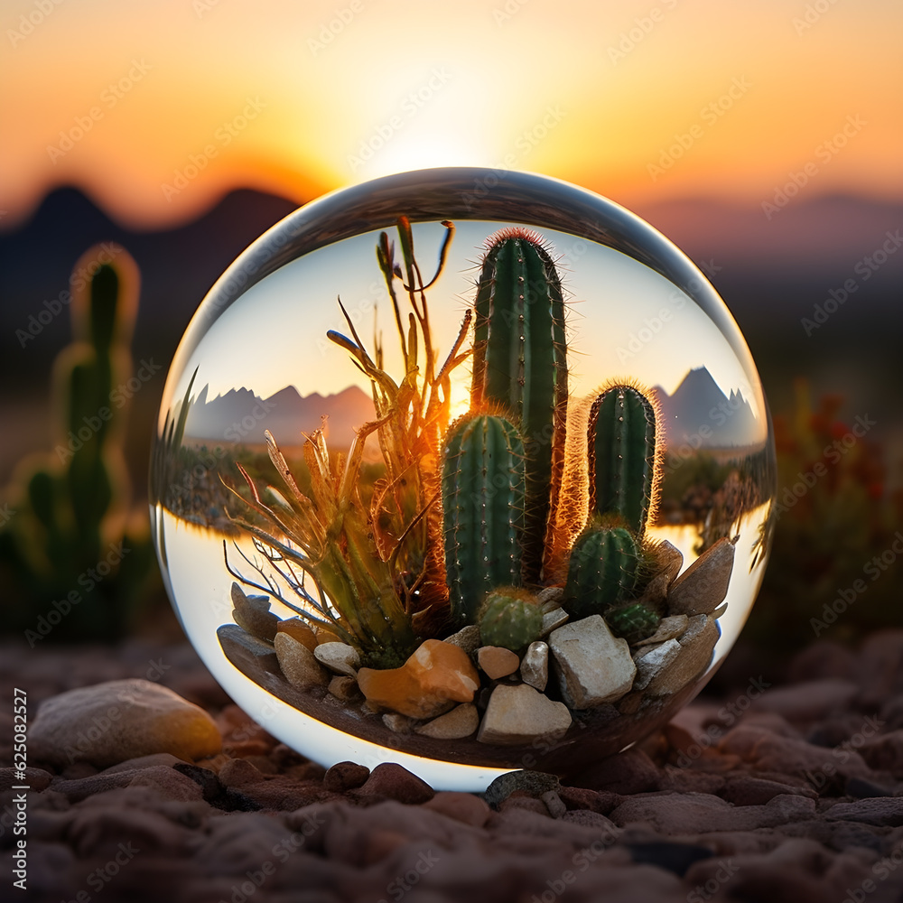Glass ball in the desert containing cactus and desert landscape