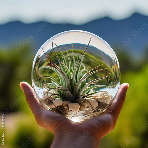 Obraz na płótnie A hand holding a glass sphere with catus plants inside w salonie