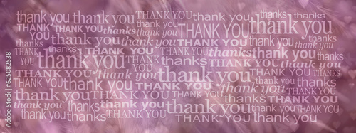 Gratitude concept hearts feathers and thank you pink background - random sized words thank you over and over again  against fine long fluffy feathers and faint hearts pink background
 photo