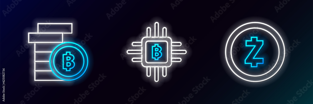 Set line Cryptocurrency coin Zcash ZEC, Bitcoin and CPU mining farm icon. Glowing neon. Vector Set line Cryptocurrency coin Zcash ZEC, Bitcoin and CPU mining farm icon. Glowing neon. Vector