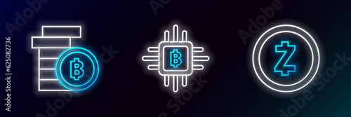 Set line Cryptocurrency coin Zcash ZEC, Bitcoin and CPU mining farm icon. Glowing neon. Vector