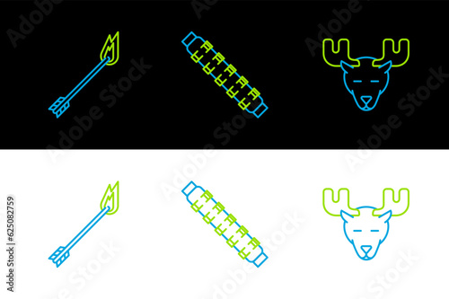 Set line Moose head with horns, Flame arrow and Hunting cartridge belt cartridges icon. Vector