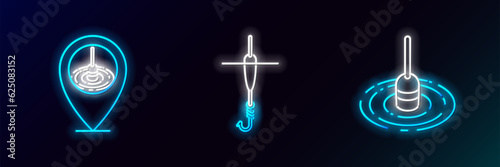 Set line Fishing float in water, Location fishing and hook and icon. Glowing neon. Vector