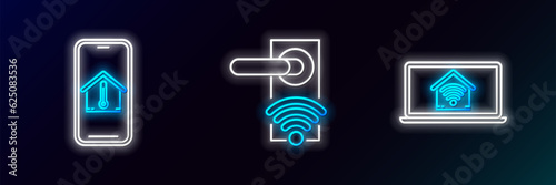 Set line Laptop with smart home with wi-fi, Mobile phone house temperature and Digital door lock wireless technology for unlock icon. Glowing neon. Vector