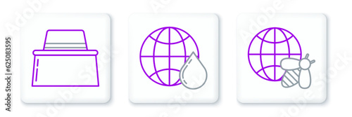 Set line Honeycomb map of the world and bee, Beekeeper with protect hat and icon. Vector
