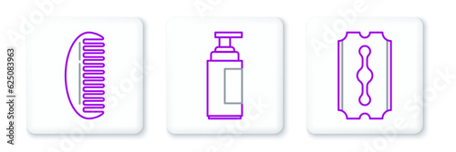 Set line Blade razor, Hairbrush and Cream lotion cosmetic tube icon. Vector