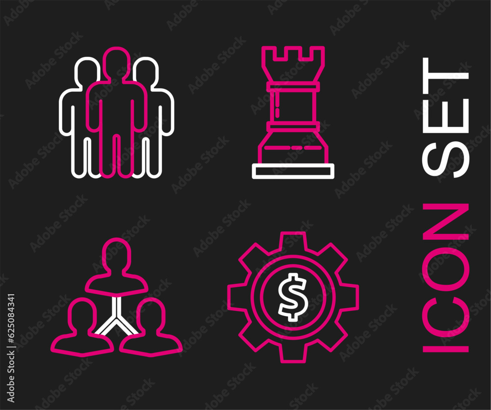 Set line Gear with dollar symbol, Project team base, Business strategy and Users group icon. Vector Set line Gear with dollar symbol, Project team base, Business strategy and Users group icon. Vector