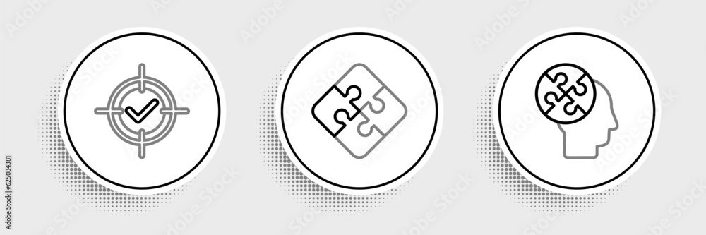 Set line Human head puzzles strategy, Target and check mark and Piece of icon. Vector Set line Human head puzzles strategy, Target and check mark and Piece of icon. Vector