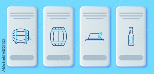 Set line Wooden barrel, Oktoberfest hat, on rack with stopcock and Beer bottle icon. Vector