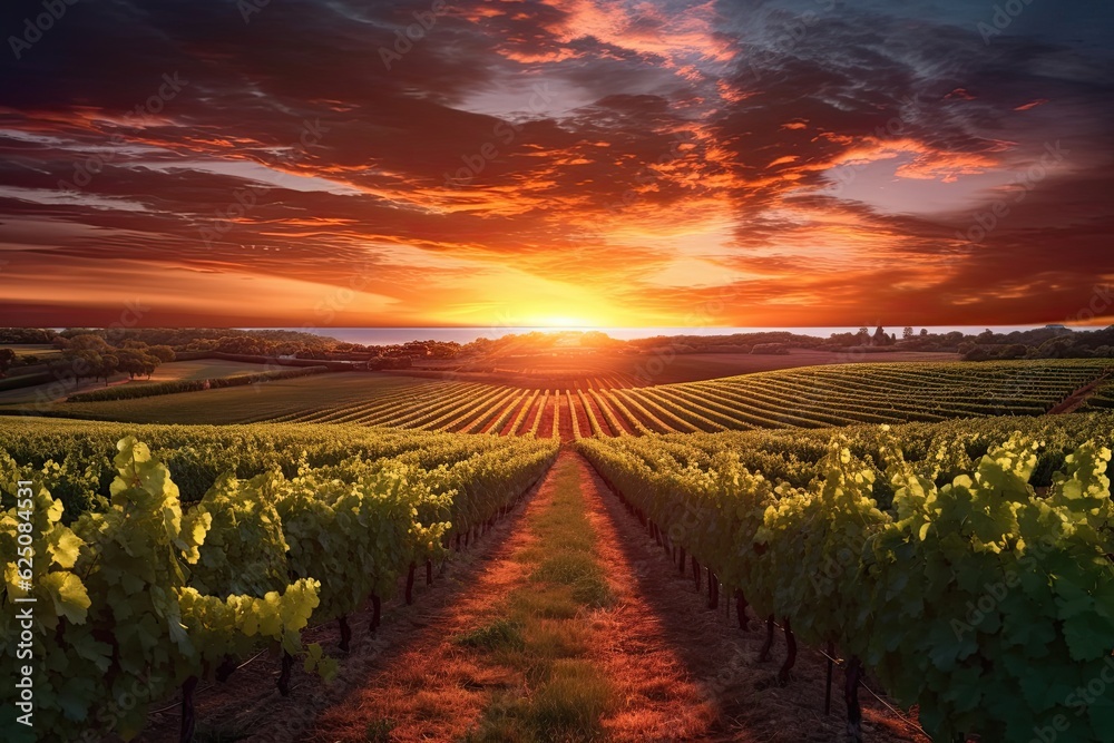 Tranquil Vineyard Sunset: Breathtaking Beauty and Warm Hues in a Serene Setting, generative AI
