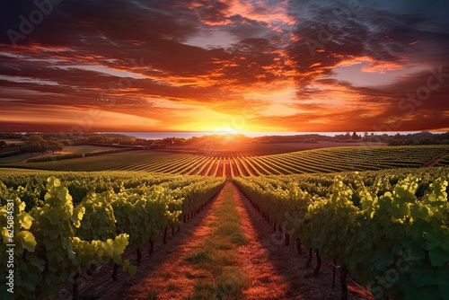 Tranquil Vineyard Sunset: Breathtaking Beauty and Warm Hues in a Serene Setting, generative AI