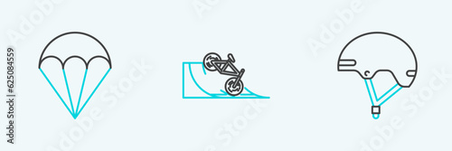Set line Helmet, Parachute and Bicycle on street ramp icon. Vector