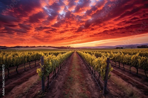 Breathtaking Vineyard Sunset: Tranquility & Warm Hues Amidst Rows of Grapevines, generative AI