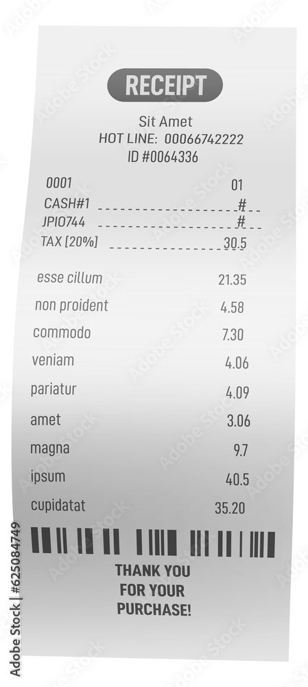 Fototapeta premium Receipt mockup. Realistic paycheck. Supermarket paper bill