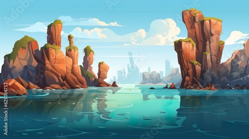 Abstract background rocky island. Banner design stand out with an illustration of a majestic rocky island surrounded by nature. Generative AI.