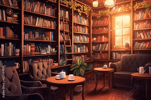 Cozy Bookstore Caf�: Aromatic Coffee, Comfortable Seating, Shelves of Books, generative AI