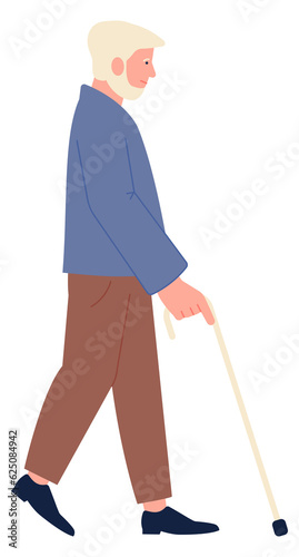 Old man walking with cane. Elderly character side view