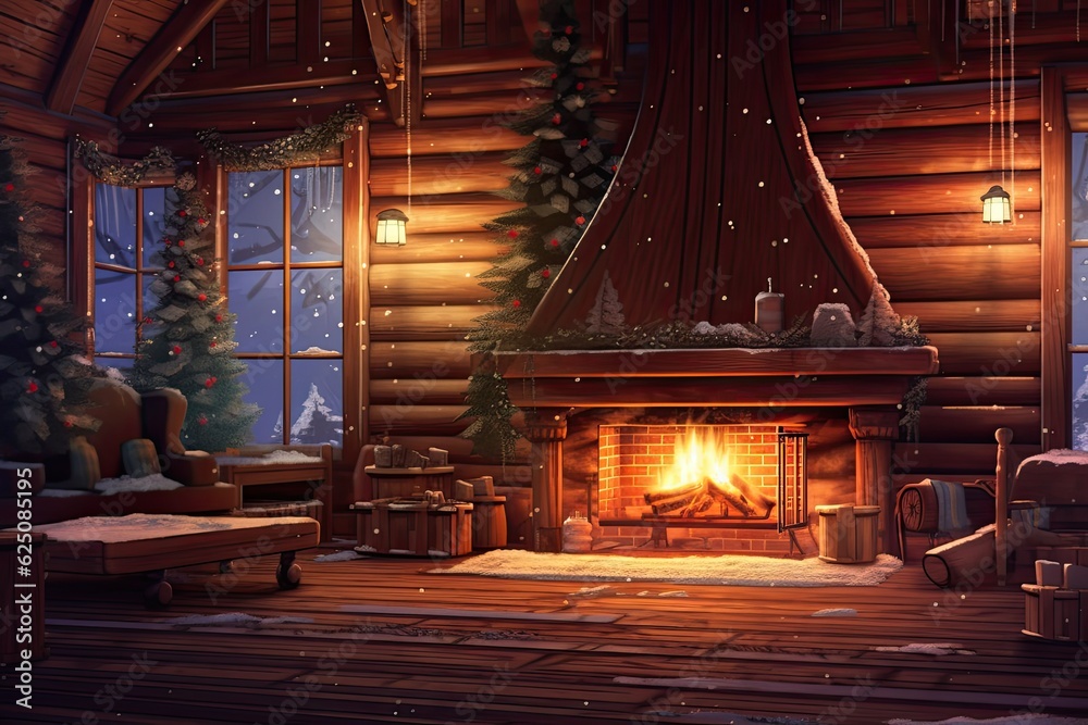 Cozy Winter Cabin: Crackling Fireplace, Warm Wooden Interior, Snow Falling Outside, generative AI