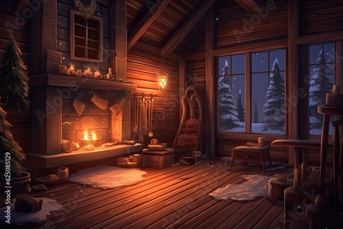 Cozy Winter Cabin: Crackling Fireplace, Warm Wooden Interior, Snow Falling Outside, generative AI