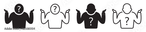Set of shrug icons, doubt. Question mark, unsure, people, man. Vector. photo