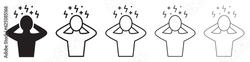 Set of icons: headache, anxiety, stress, fatigue, burnout, anger, nervous tension, sleeping work, aggression. Fatigue or exhausted, burnout on workplace. Tired or disease person. Vector.