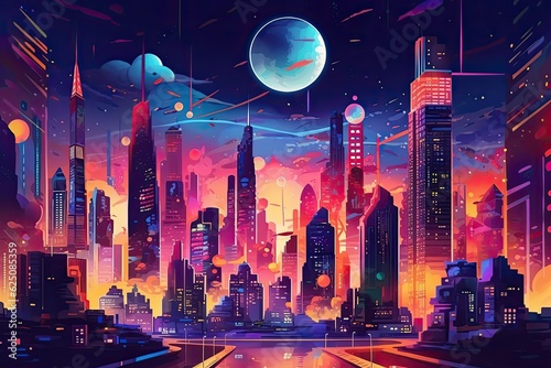 Futuristic Night Cityscape: Neon Lights, Flying Cars & Towering Skyscrapers, generative AI