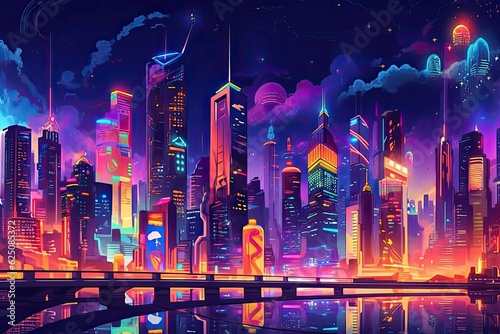 Neon-Lit Night  A Futuristic Cityscape with Flying Cars and Skyscrapers  generative AI